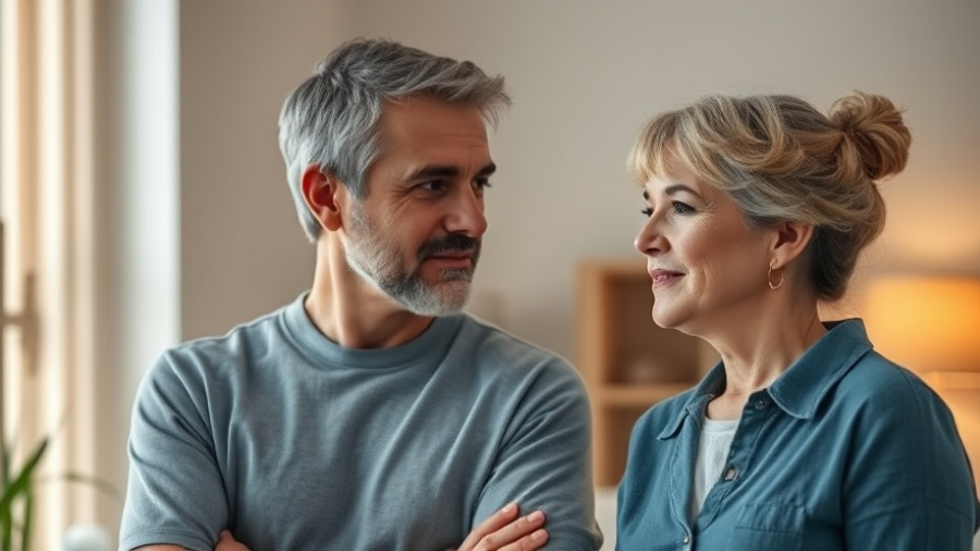 Middle-aged couple discussing RV buybacks indoors.