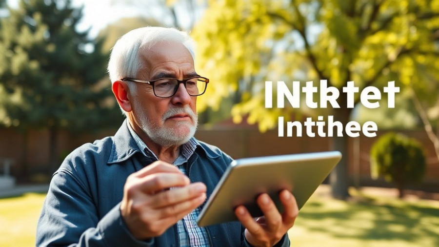 Elderly man holding portable Starlink device outdoors.