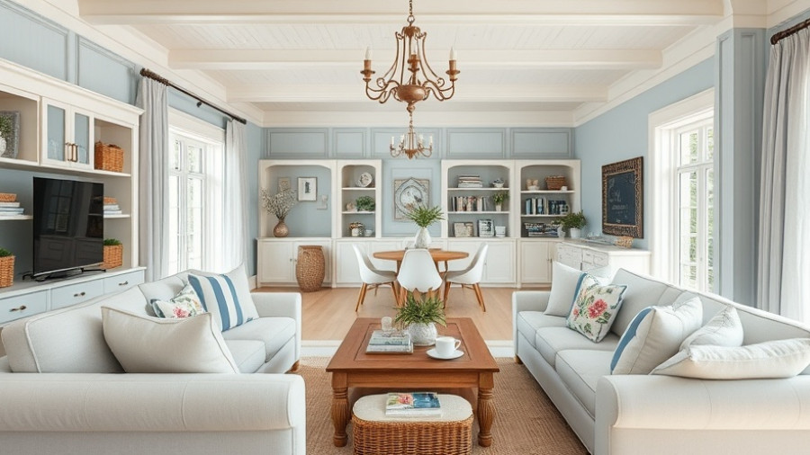Coastal living room with striped sofa, cottage by the sea home decor.