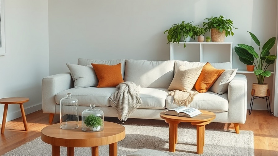 Cozy living room with biophilic design elements, plants, and books.