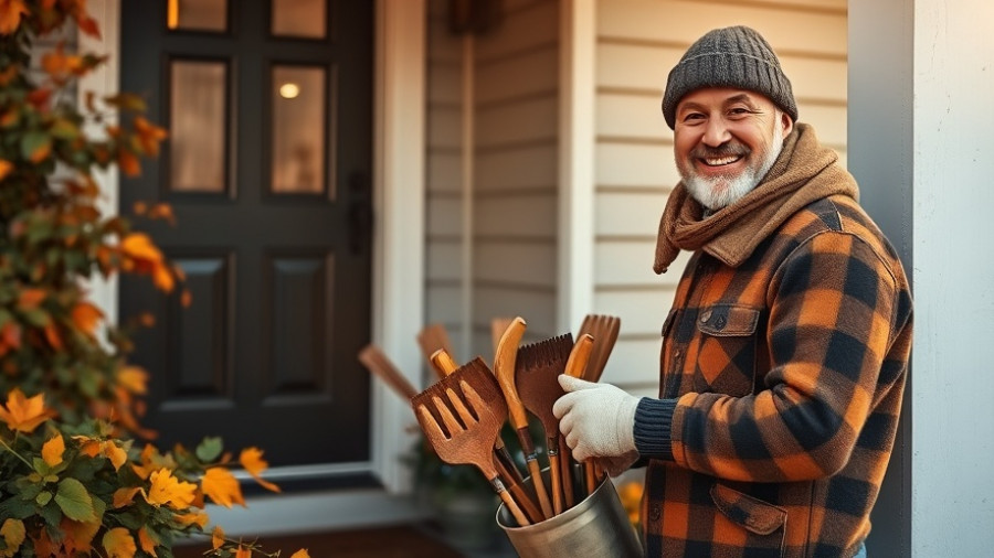 Smiling homeowner in cozy fall attire prepping tools for garage door maintenance.