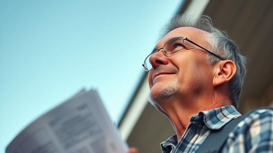 Middle-aged contractor with blueprints, confidently gazing at the roof in soft natural light.
