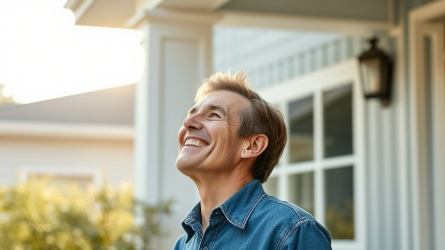 Homeowner relieved and satisfied, admiring freshly cleaned house exterior in soft morning sunlight.