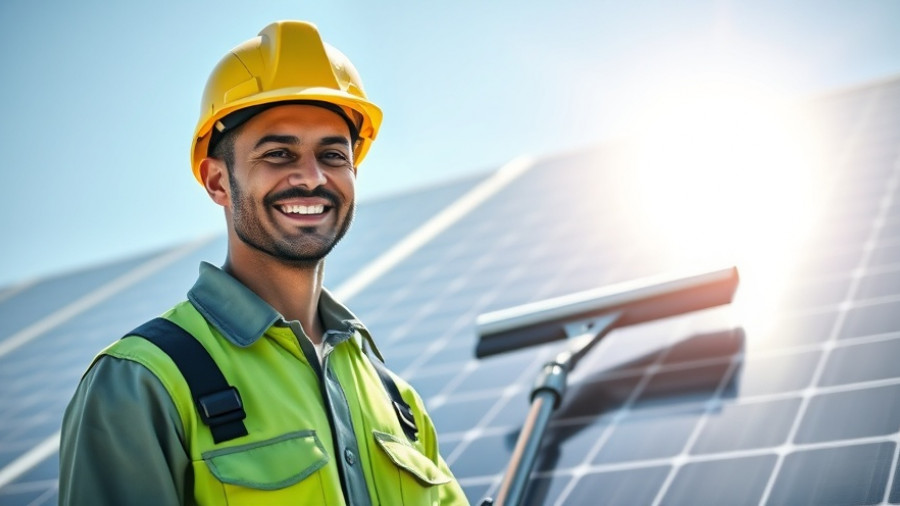 Confident solar technician smiling with clean solar panels in bright sunlight.