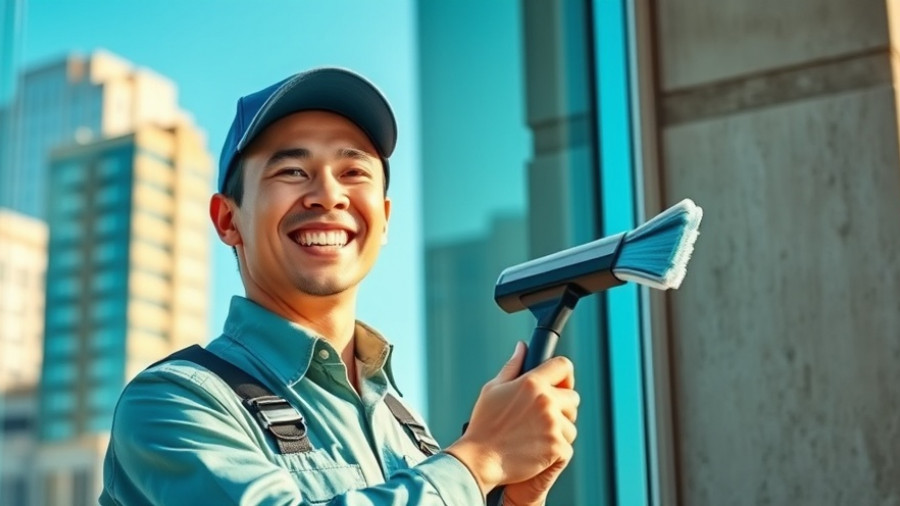 Smiling window cleaner at work, bright sunlight reflecting on cityscape.