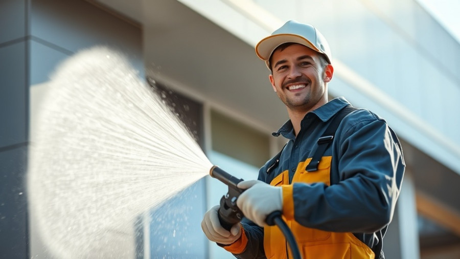 Smiling pressure washing worker cleaning a modern facade under bright sunlight.