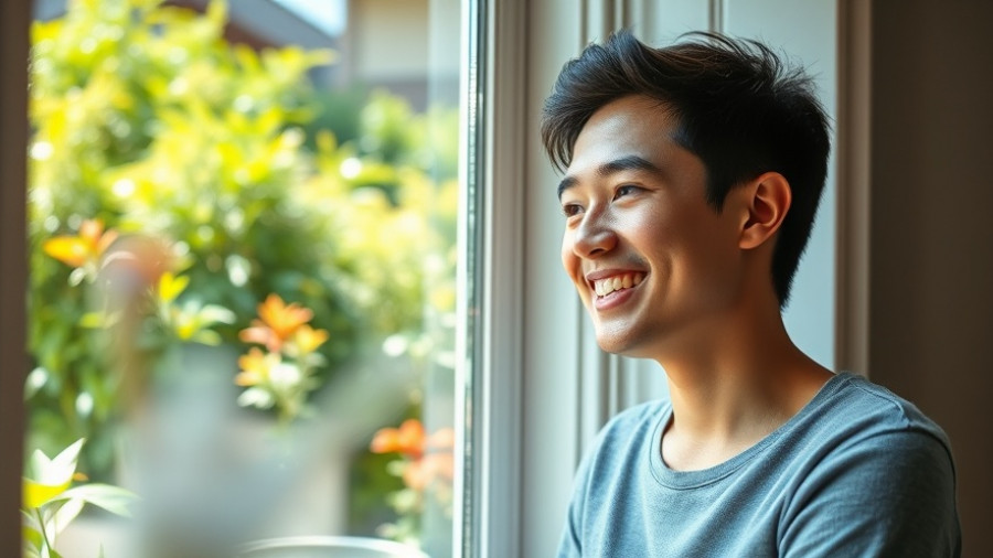 Young homeowner smiling at sparkling clean windows, revealing a lush garden.