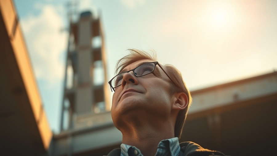 Building manager realizing roof grime; golden hour light illuminates the scene.