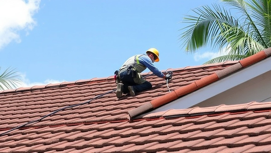 Roofing technician performing annual roof maintenance on sunny Florida day.