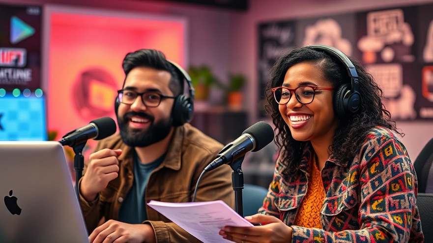 Enthusiastic hosts share lawn care tips in a vibrant, tech-inspired podcast setting.