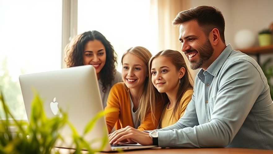 Concerned family smiles at computer in sunlit home, showcasing pest control relief.