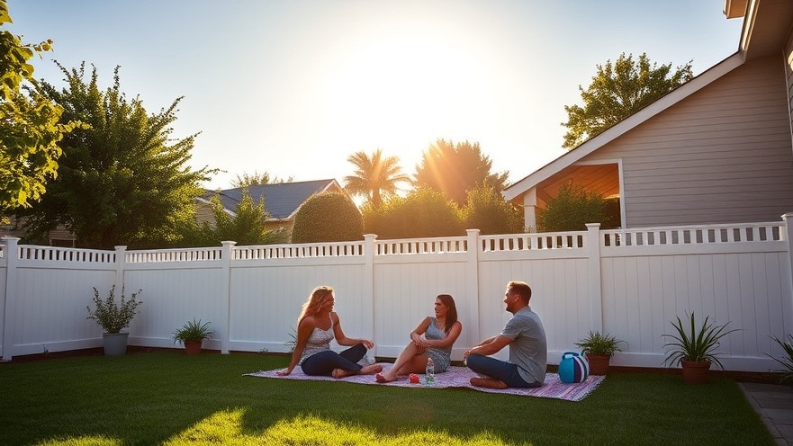Family relaxing in a sunny yard by a modern white vinyl fence.
