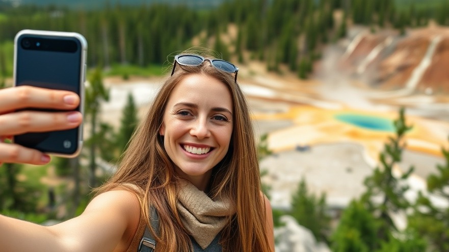 Smiling woman taking a selfie at Yellowstone, a pet-friendly destination for RVing with dogs.