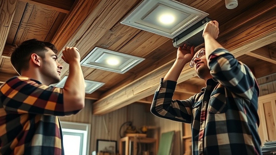 Men installing LED tape lighting under rustic wooden beams in a workshop.