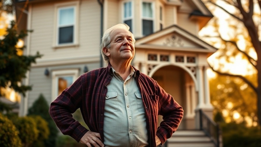 Middle-aged homeowner proudly admires energy-efficient restoration of Victorian home.