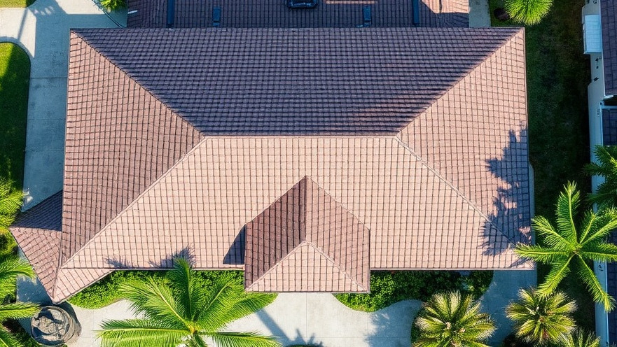 Aerial view of a well-maintained Florida roof after annual maintenance.