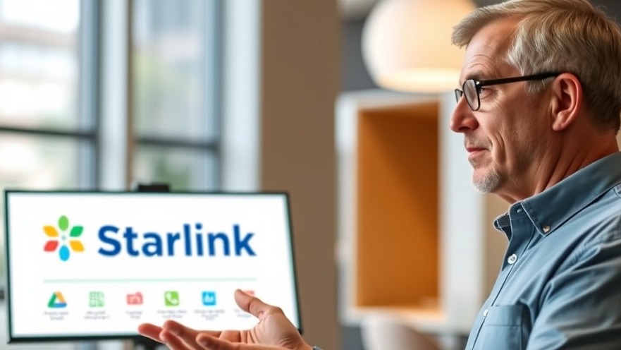 Middle-aged man discussing mobile internet for RVers with Starlink logo, vibrant presentation.
