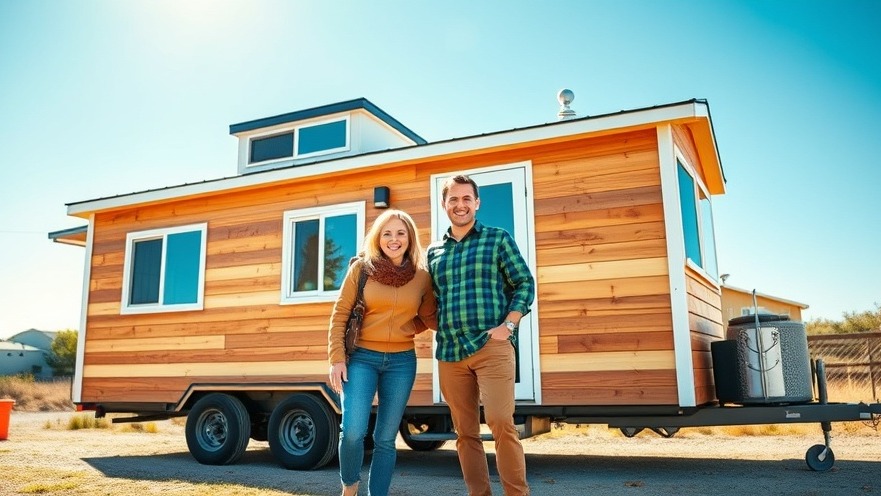 Three adults enjoying tiny living by a mobile tiny home under clear blue skies.