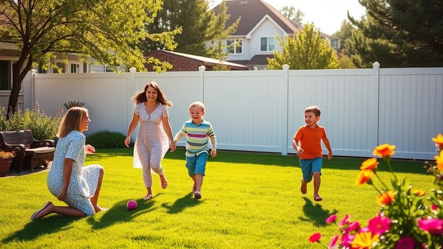 Happy family playing in the backyard with a sleek vinyl fence under warm sunlight.