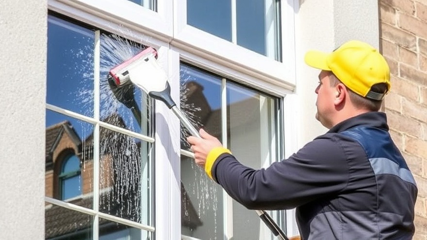 Window cleaning technician expertly washing a pane for a spotless finish.