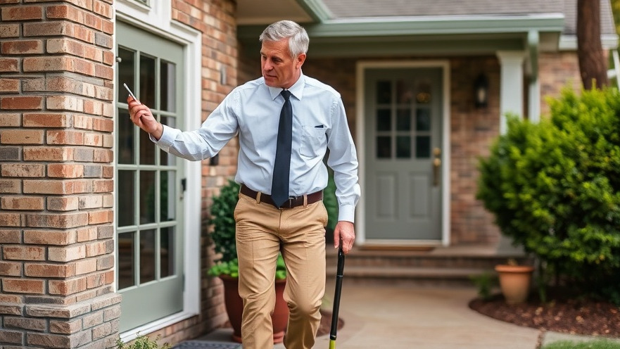 Orkin pest control expert inspecting for pest entry points outside a home.