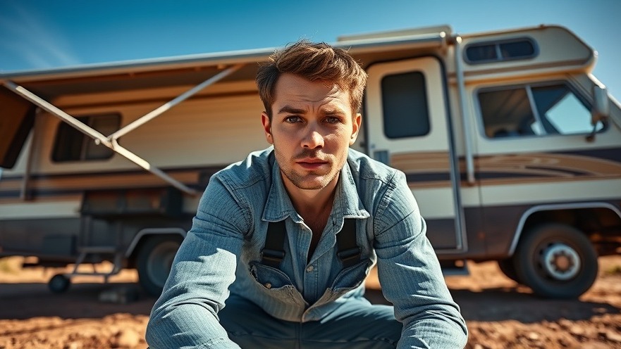 Young man focused on RV maintenance tips under vintage RV in bright landscape.