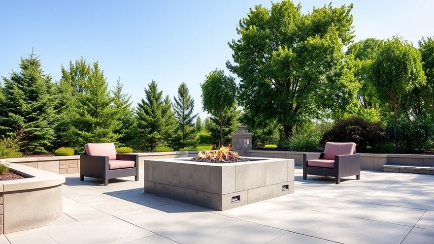 Modern outdoor kitchen with square fire pit, lush greenery, and serene ambiance.