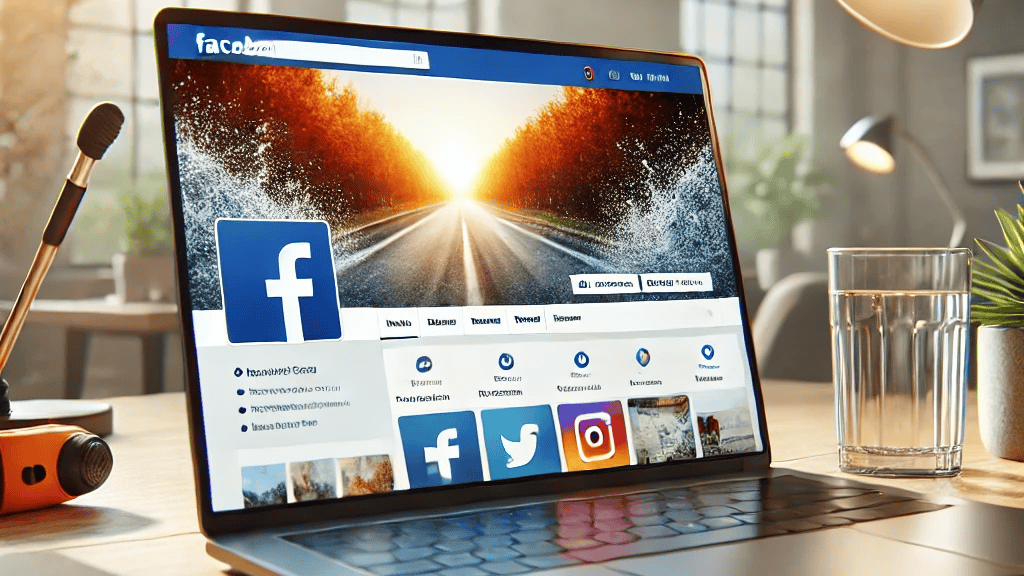 Bright and clean desk setup with a Facebook page displayed on a laptop, emphasizing social media cover images for exterior cleaning.