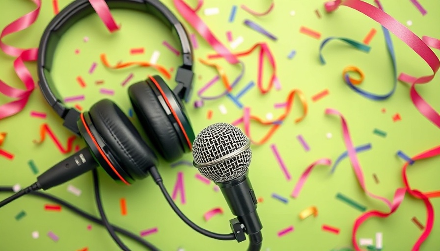 Entrepreneurial podcasts celebration scene with microphone and headphones