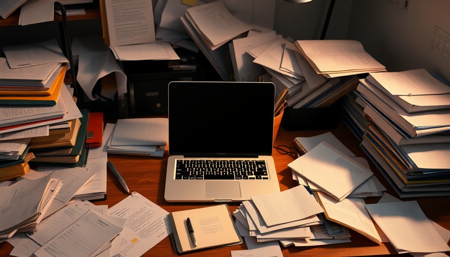 Cluttered workspace with papers and laptop, example of workplace decluttering.