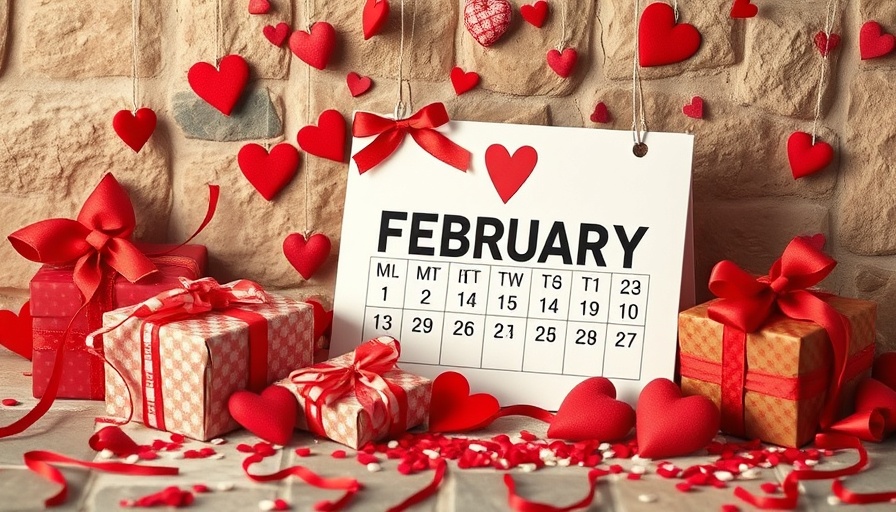 February marketing themed calendar with hearts and gifts.