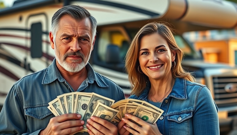 RV living hacks scene with people and money near RV and truck.