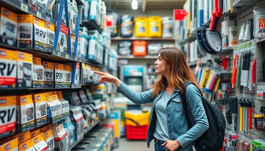 Woman pointing at RV maintenance essentials in a store.