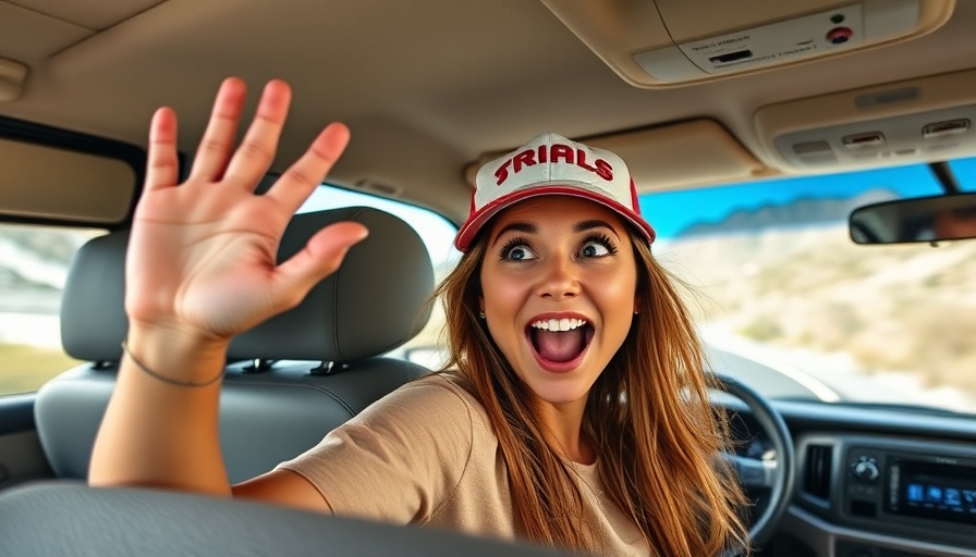 Excited woman in RV traveling through Dead Man's Pass.