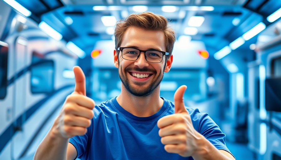 Cheerful man in blue shirt with RV maintenance graphics, moochdocking concept.