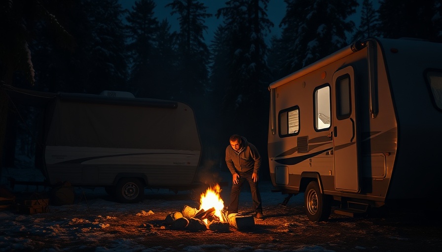Man facing fears while camping at night with a campfire next to a trailer.