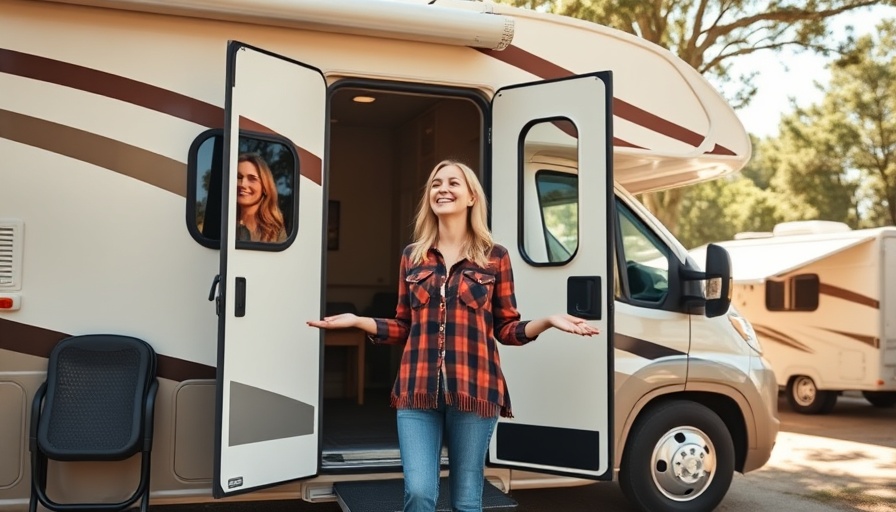 Woman showcasing newly renovated RV in a sunny campground.