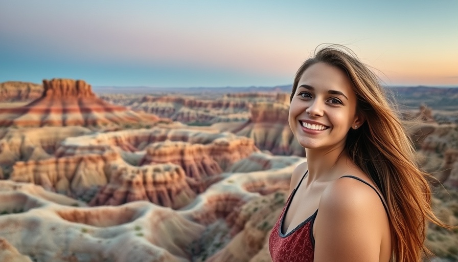 Young woman at Badlands National Park with rocky landscape