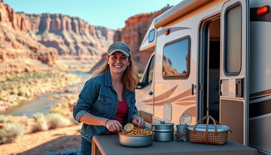 Woman enjoying RV adventure in Moab Utah, cooking outdoors in desert.