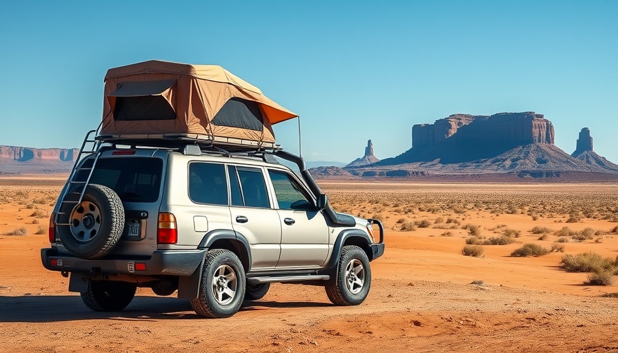 Rooftop tent camping benefits: SUV with rooftop tent in desert.