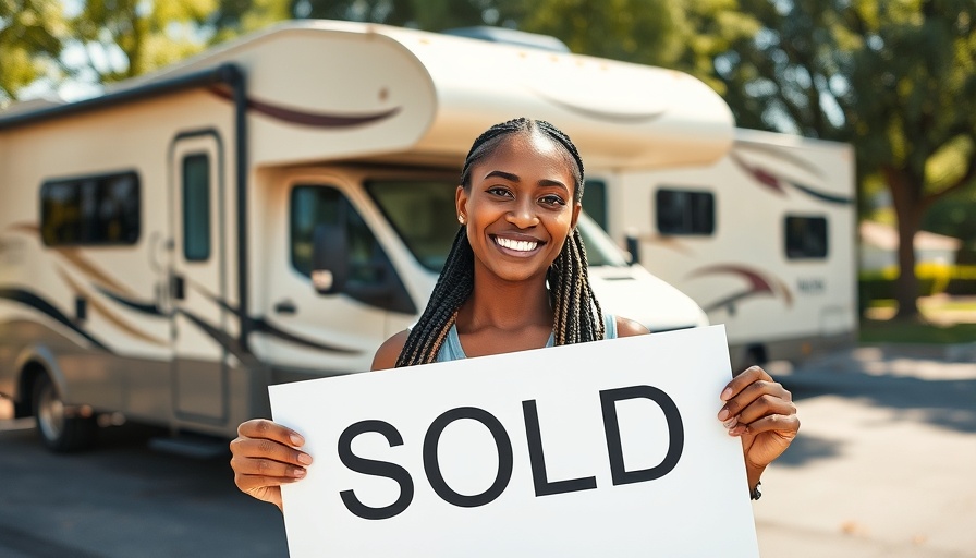 Woman holding 'SOLD' sign in RV setting, underground RV market theme.