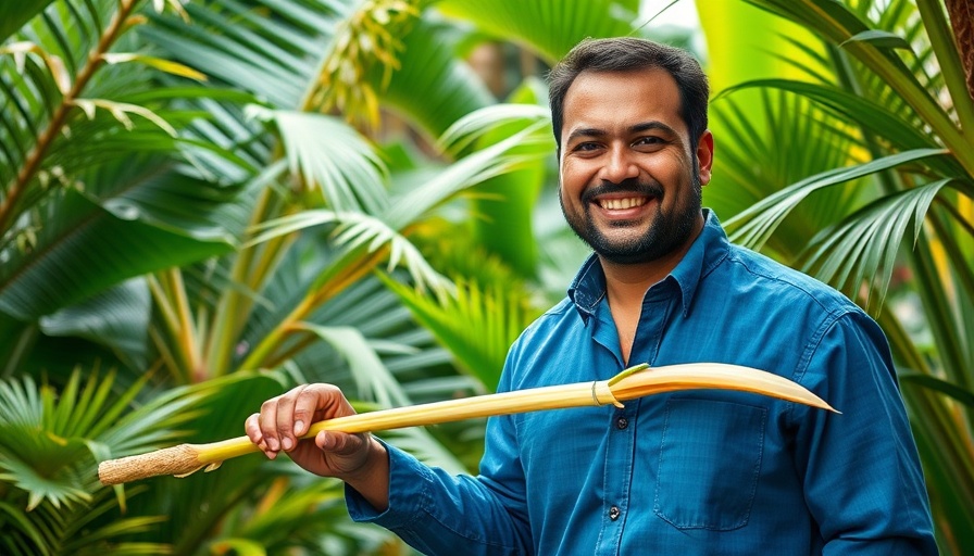 Man harvesting sugar cane in lush garden for Nature's Simple Syrup.