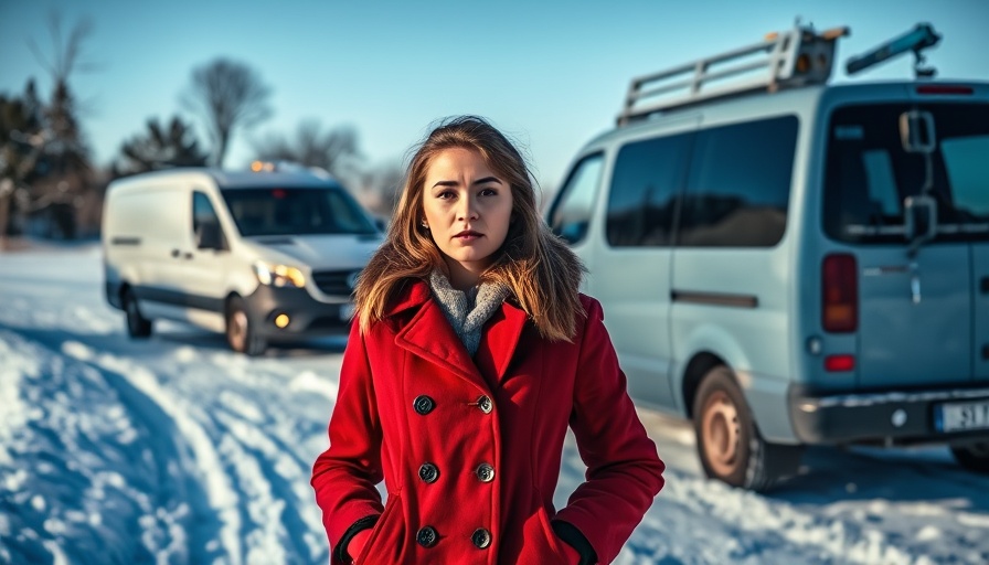 Van Life Challenges in winter scene with stranded van and concerned woman.