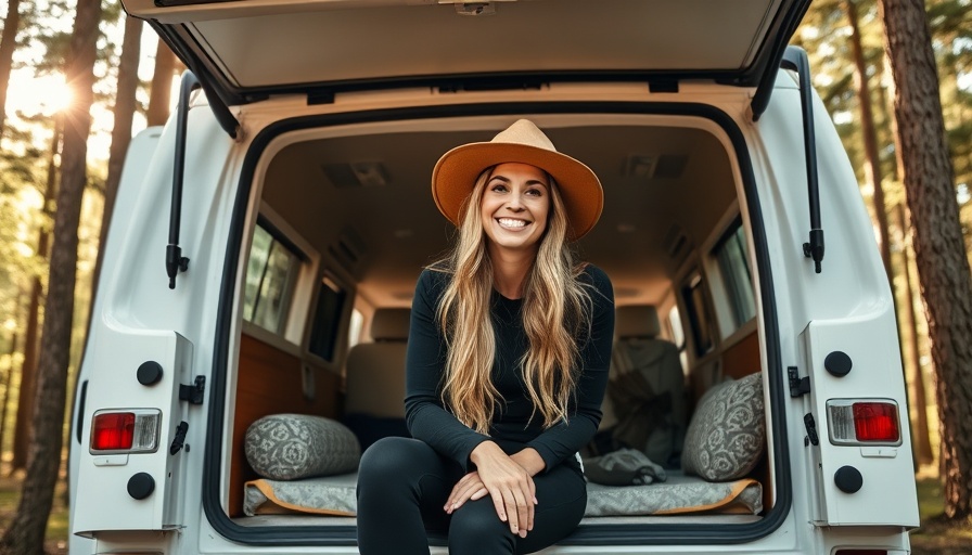 Nomadic Lifestyle in RV: Woman enjoying nature in RV tailgate.