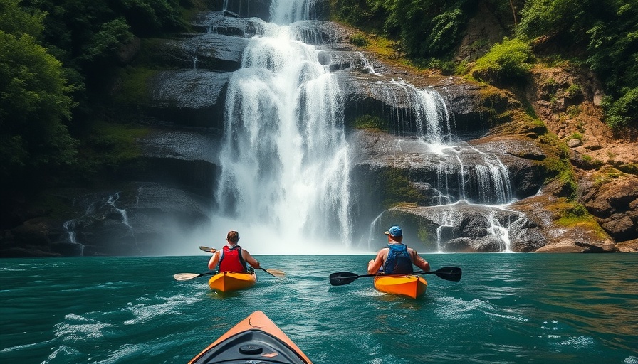 Kayakers paddling to Burgess Falls under cascading water.