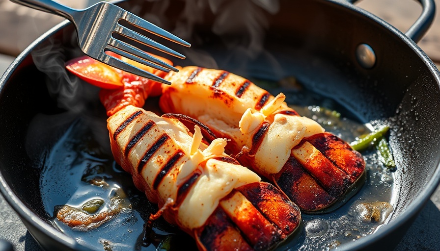 Fresh lobster halves sizzling on a grill on the beach.