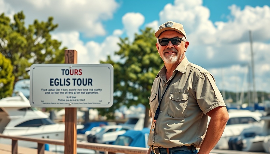 Everglades adventure guide near tour sign under bright sky.