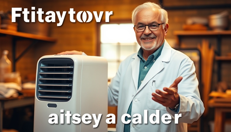 Man demonstrating battery-powered portable air conditioner.