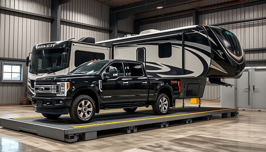 Modern truck weighing an RV on an indoor scale, in an industrial setting.