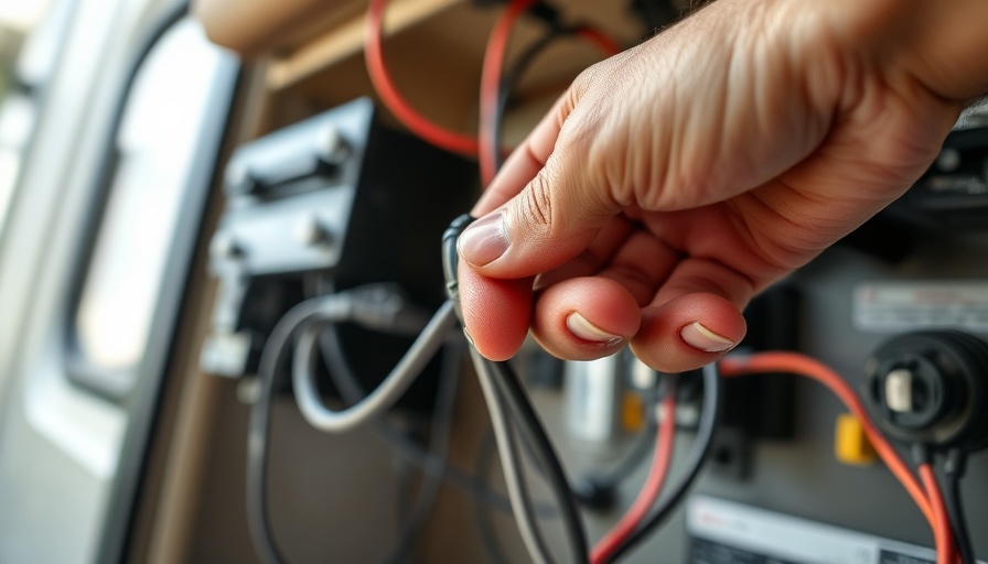 Close-up of RV maintenance work with hand connecting cables.